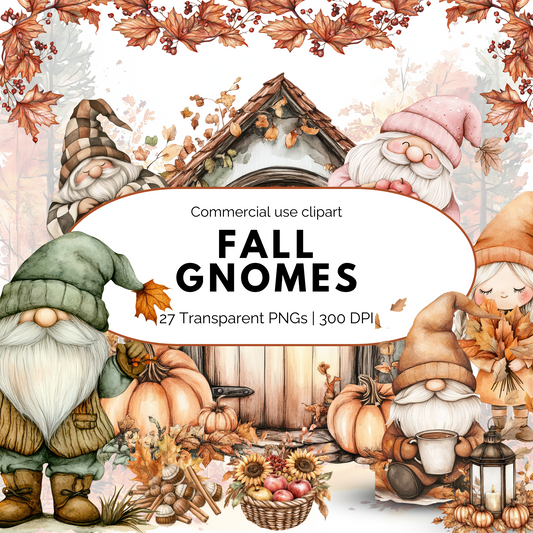 Watercolor Fall Gnomes Clipart PNG, Cute Autumn Gnome Sublimation, Thanksgiving Gnome Digital Download