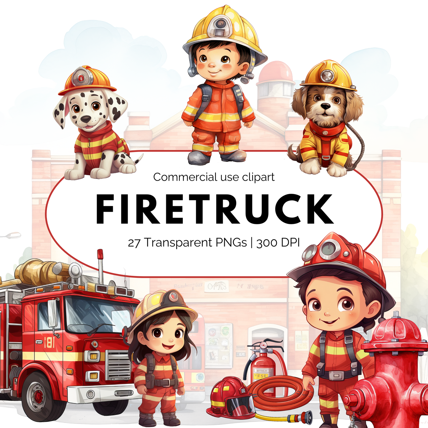 Watercolor Firetruck Clipart
