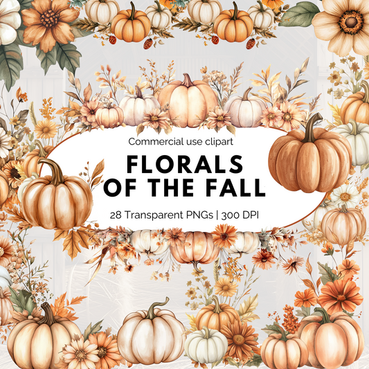 Florals of the Fall Clipart, Watercolor Pumpkin & Autumn Flower PNGs, Boho Thanksgiving Floral Clip Art