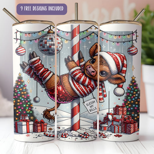 Funny Christmas Highland Cow Tumbler Wrap PNG | Holiday Sublimation