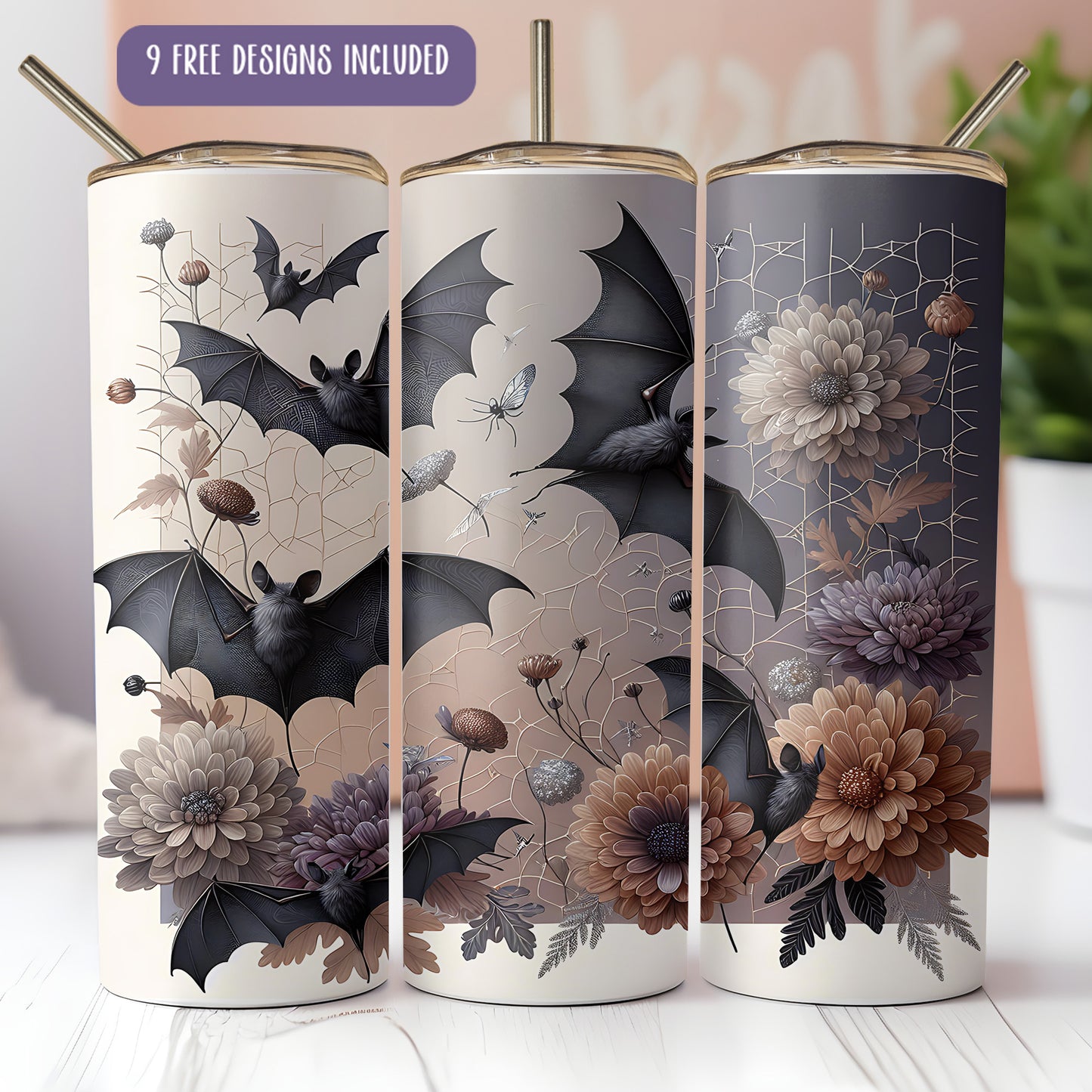 Gothic Bat Tumbler Wrap PNG – 20oz Skinny Halloween Sublimation Design