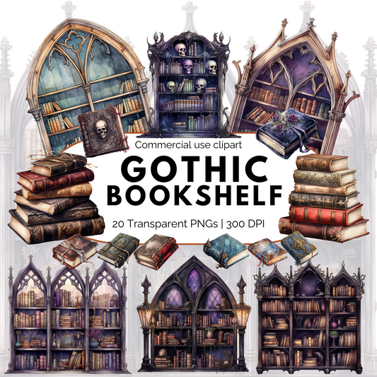 Watercolor Gothic Bookshelf Clipart
