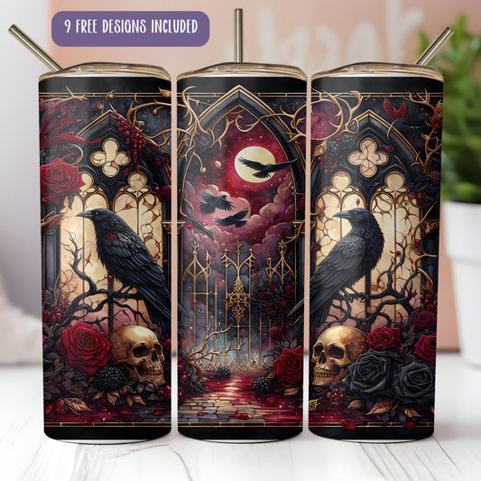 Gothic Garden Tumbler Wrap PNG – Stained Glass Floral Sublimation for 20oz Skinny Tumblers