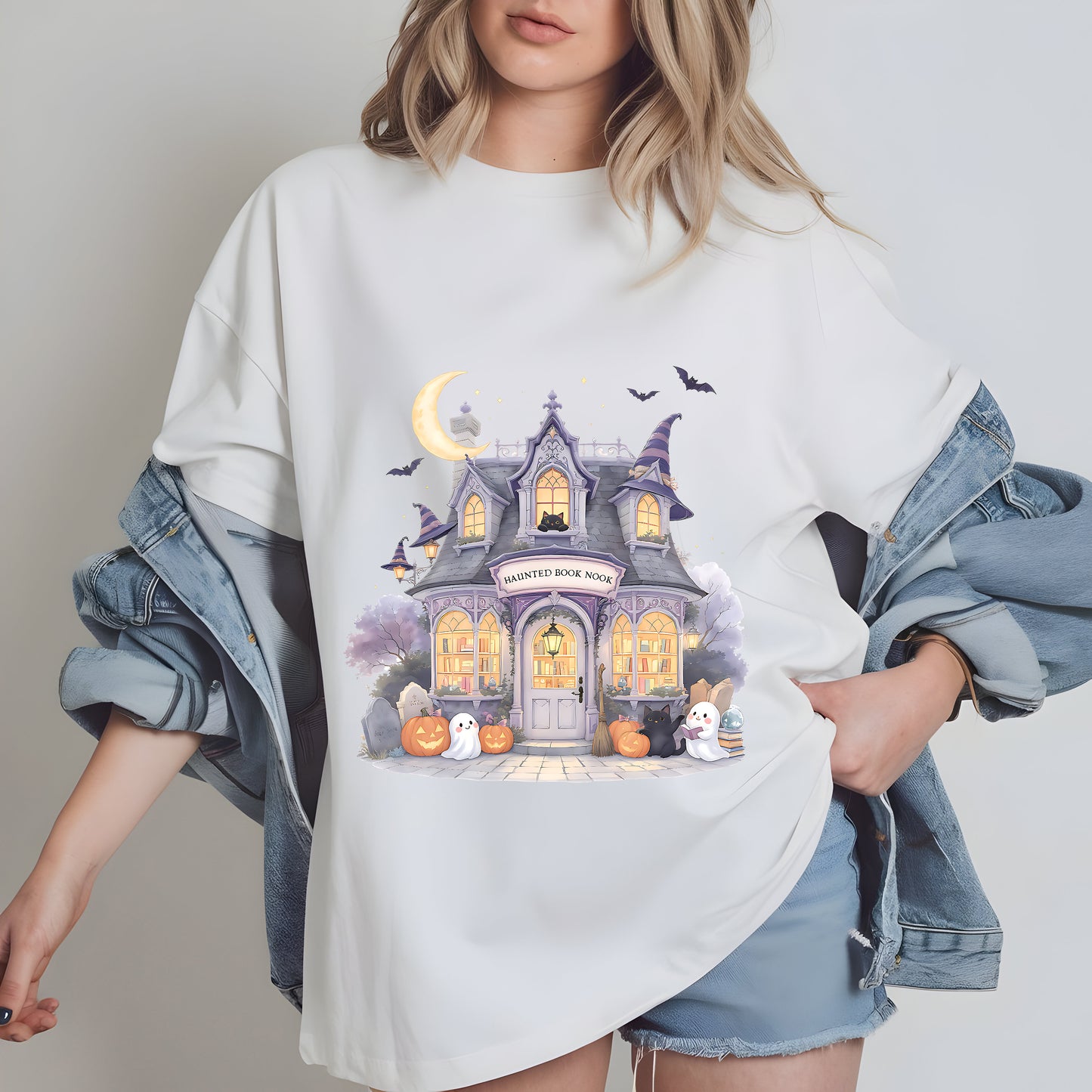 Haunted Fall Bookstore PNG – Cozy Autumn Bookish Halloween Sublimation Design