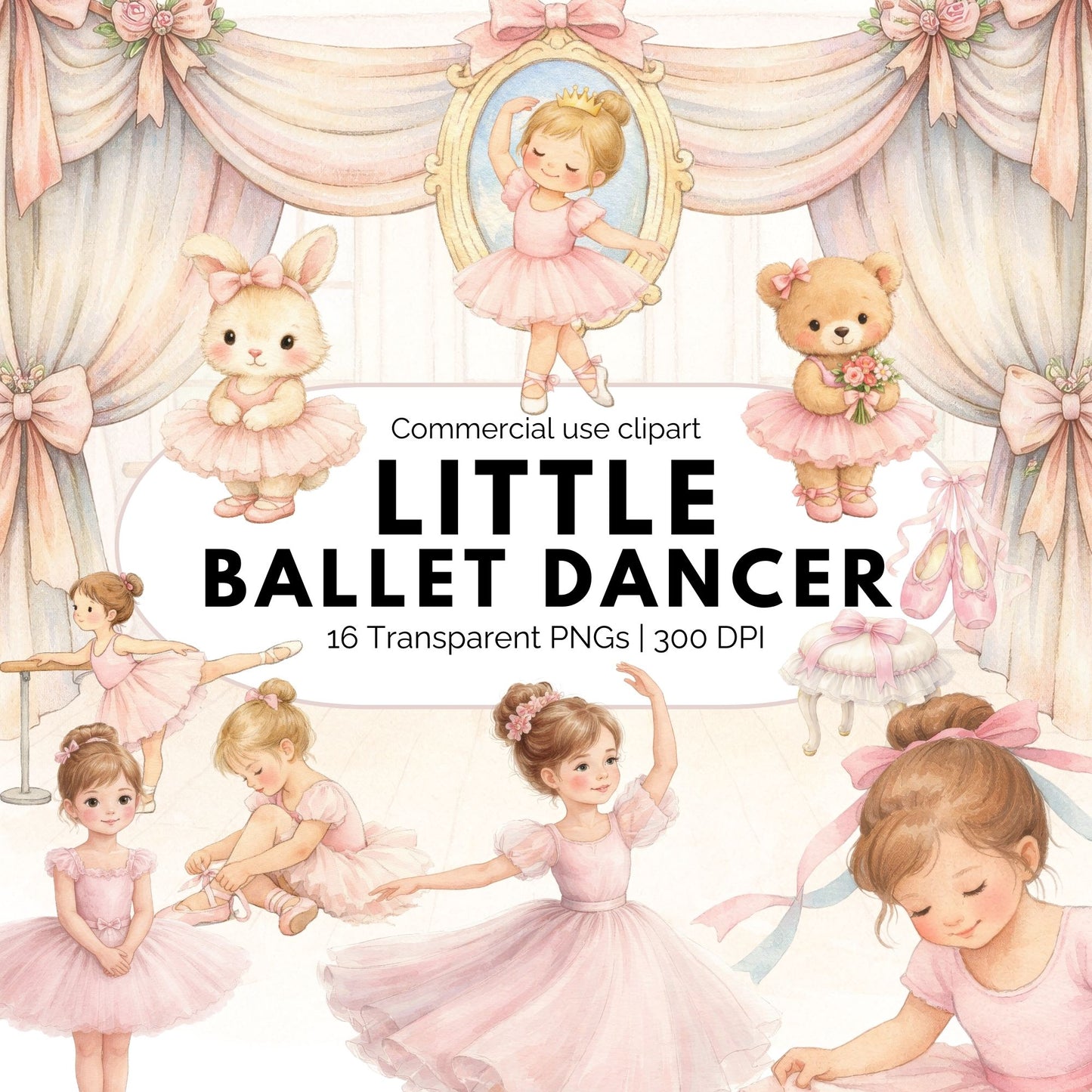 Ballet Dancer Clipart Bundle, Watercolor Ballerina PNG for Girls Printables, Invitations & Sublimation