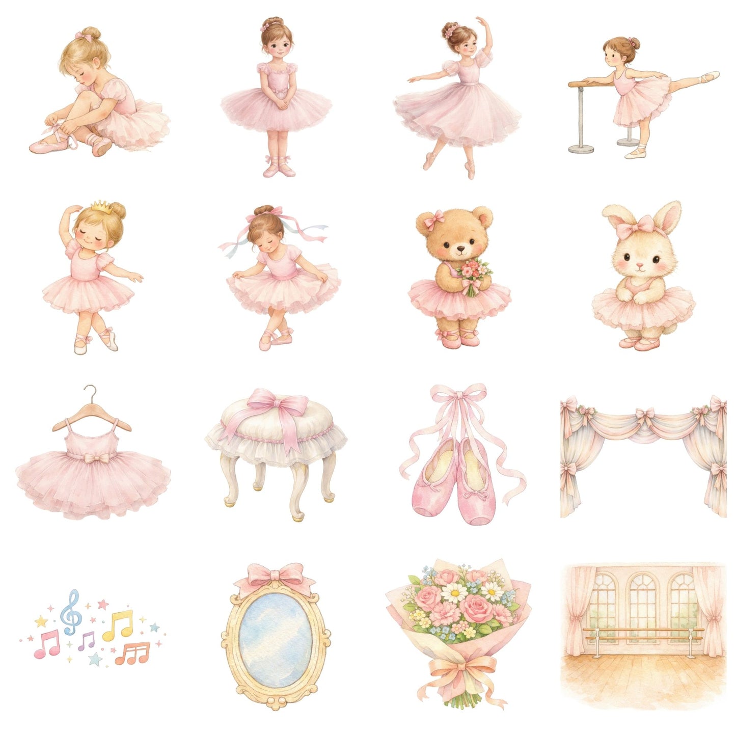 Ballet Dancer Clipart Bundle, Watercolor Ballerina PNG for Girls Printables, Invitations & Sublimation