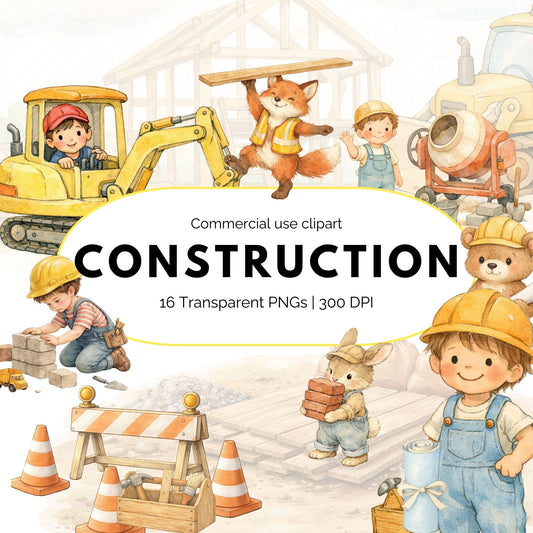 Construction Clipart Bundle, Watercolor Builder & Construction Vehicles PNG for Kids Printables & Sublimation