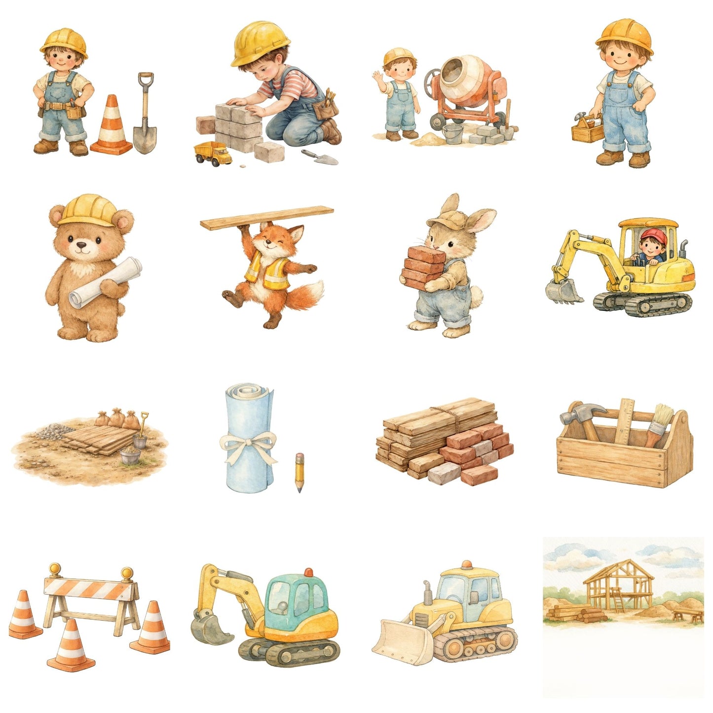 Construction Clipart Bundle, Watercolor Builder & Construction Vehicles PNG for Kids Printables & Sublimation