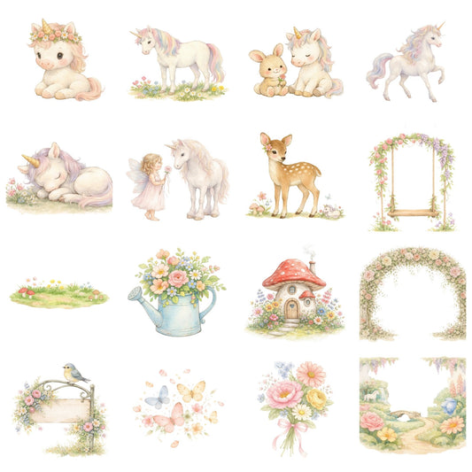 Magical Unicorn Garden Clipart Bundle, Watercolor Unicorn PNG for Kids Printables, Invitations & Sublimation