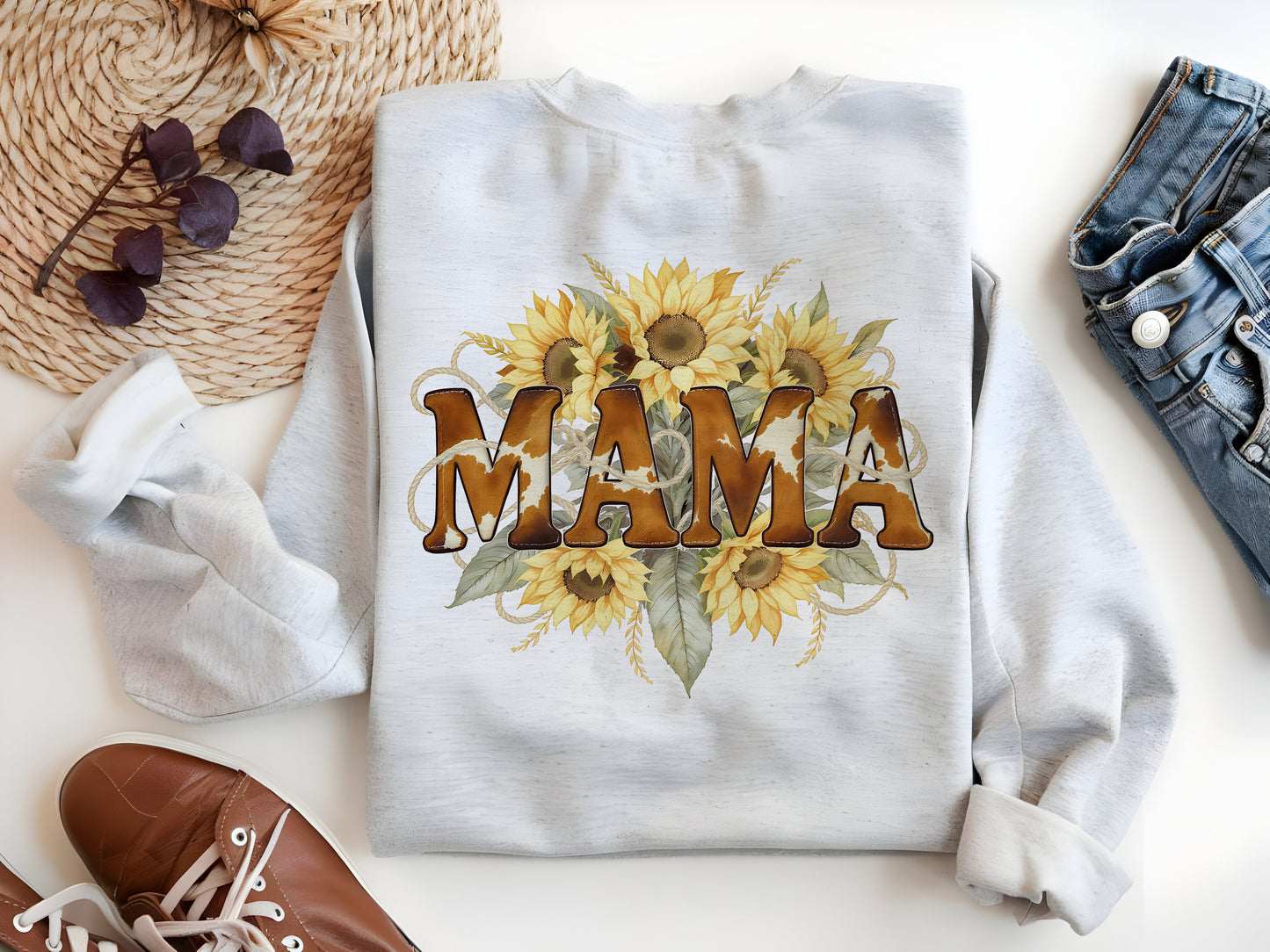 Mama Cowhide Sunflower PNG – Western Leopard Print Country Mom Sublimation Design