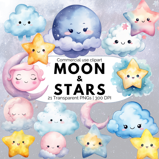 Clipart de luna, estrellas y nubes en acuarela