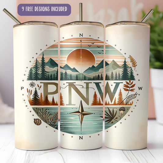 PNW Tumbler Wrap PNG – Pacific Northwest 20oz Skinny Sublimation Design