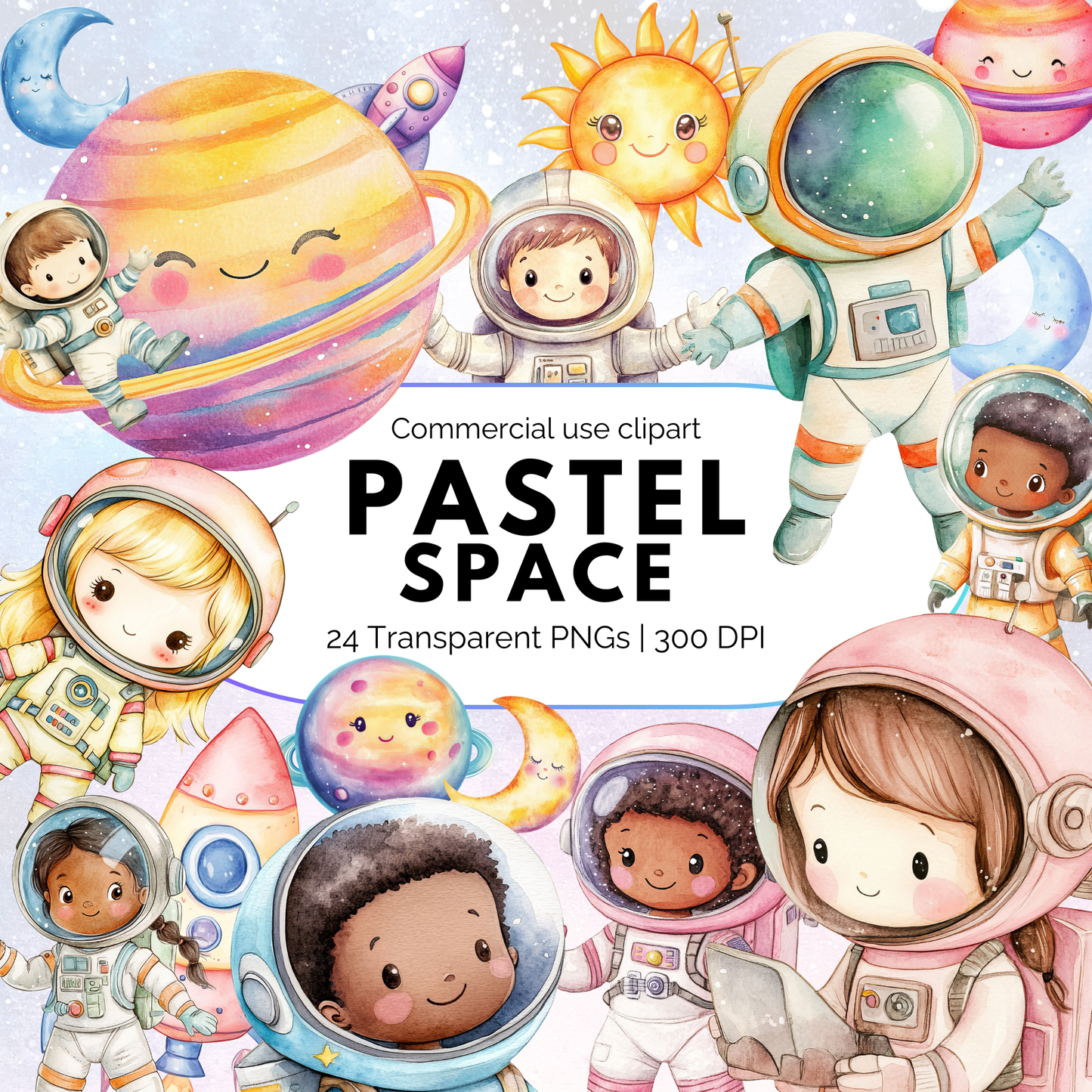 Clipart PNG de espacio pastel: diseños digitales kawaii de planetas, astronautas y el espacio exterior