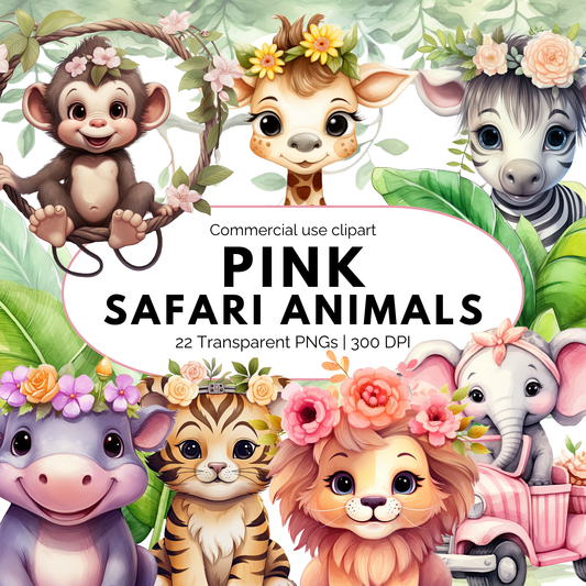 Watercolor Pink Baby Safari Animals Clipart