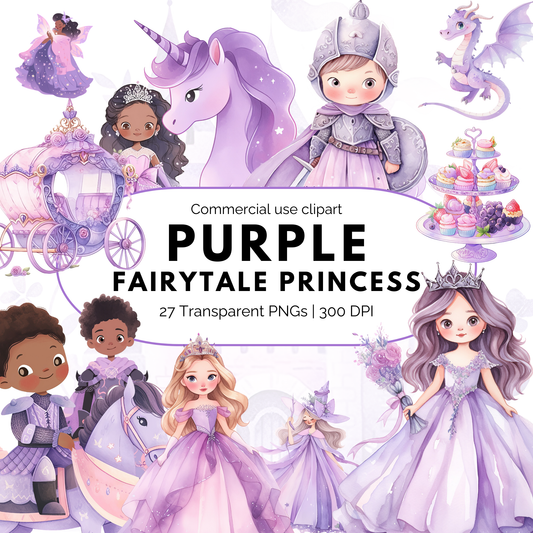 Clipart de princesa de cuento de hadas morada en acuarela