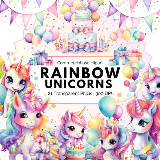 Clipart de unicornio de acuarela | Clipart de arcoíris