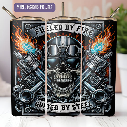 Ride or Die Skull Tumbler Wrap PNG – 20oz Skinny Fiery Biker Skeleton Sublimation Design