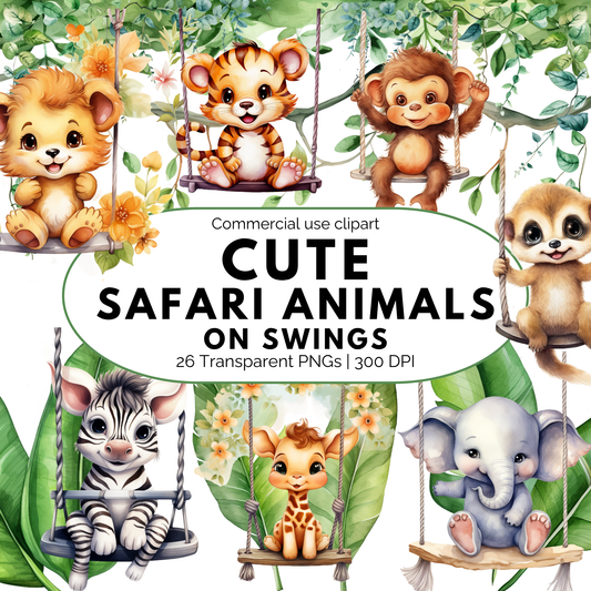 Watercolor Safari Animals on Swings Clipart