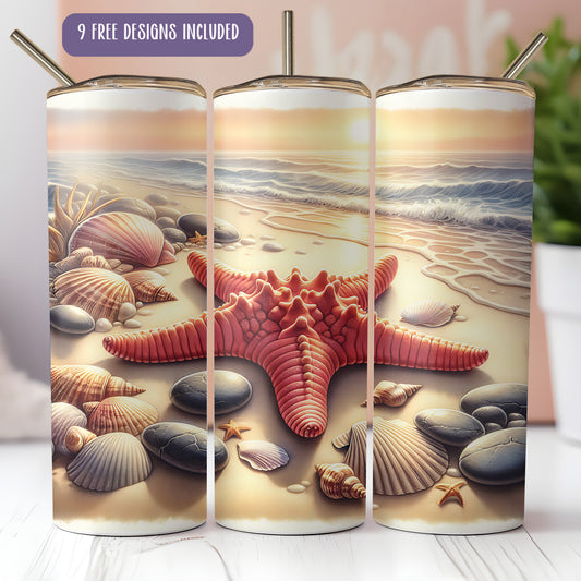 Seashore Tumbler Wrap PNG – Starfish and Seashell 20oz Beach Sublimation Design