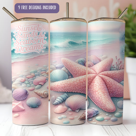 Seashore Tumbler Wrap PNG – Starfish and Seashell 20oz Beach Sublimation Design