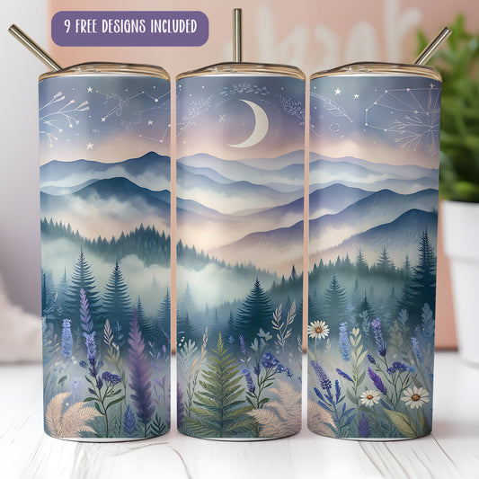 Smoky Mountain Tumbler Wrap PNG – 20oz Skinny Bear and Forest Sublimation Design