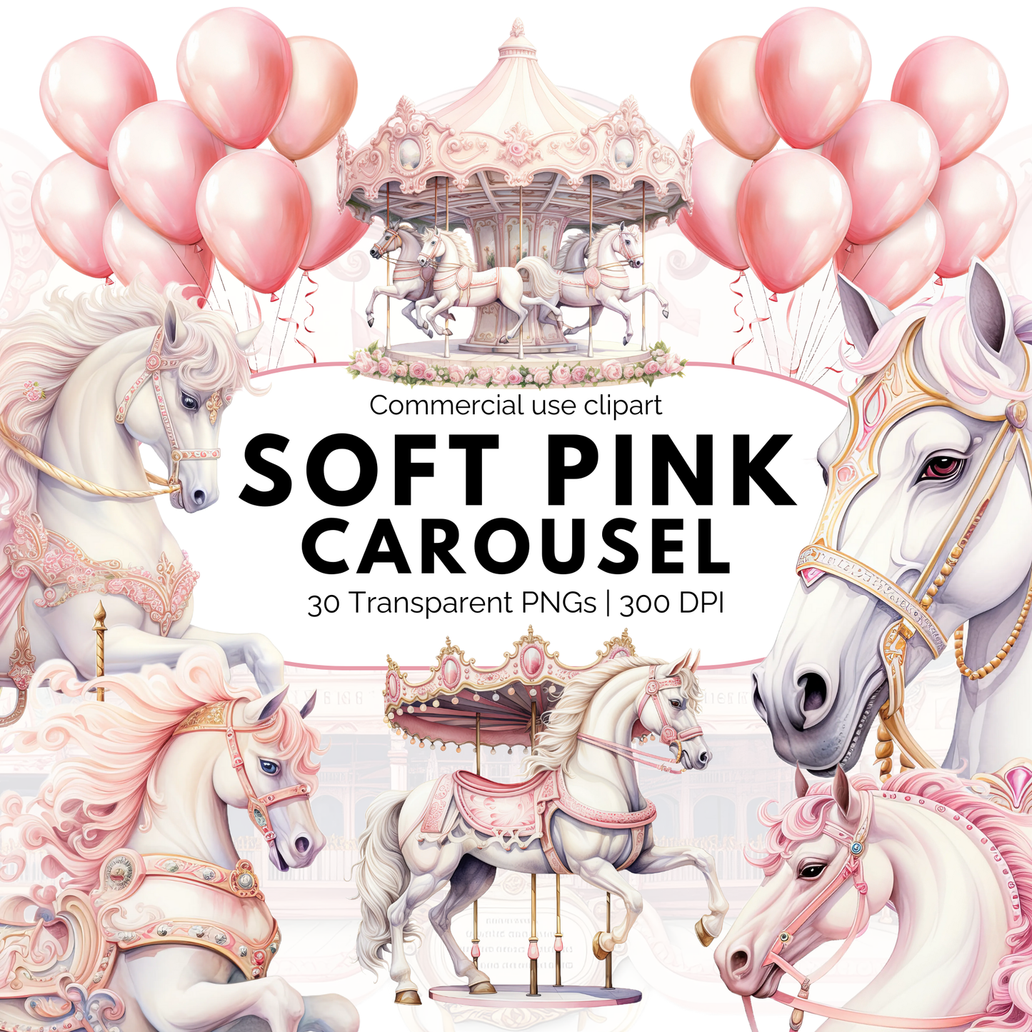 Caballo y carrusel en acuarela rosa suave