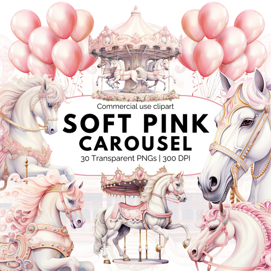 Caballo y carrusel en acuarela rosa suave
