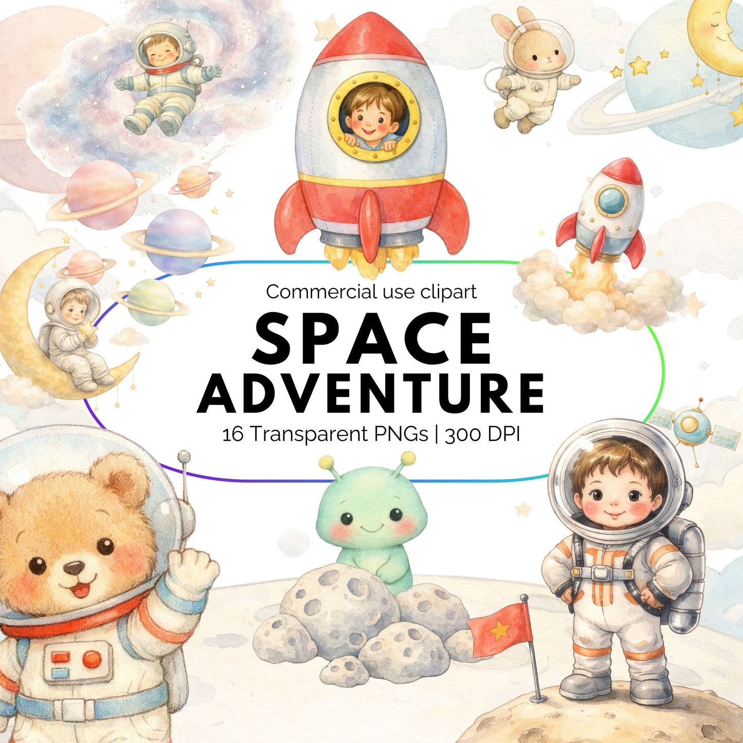 Space Adventure Clipart Bundle, Cute Astronaut Rocket & Planets PNG for Kids Printables & Sublimation