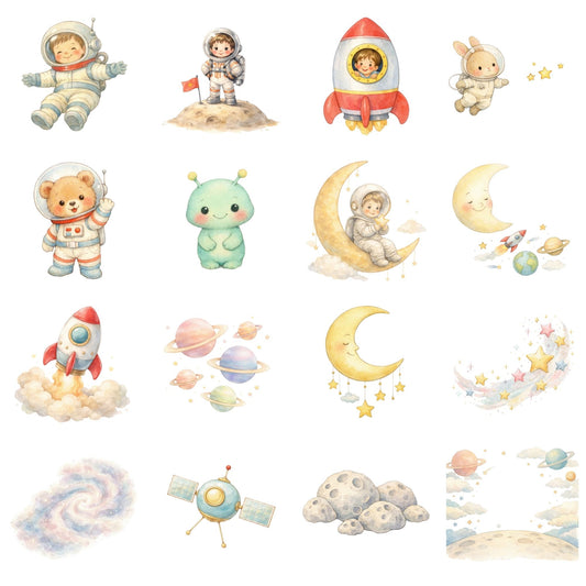 Space Adventure Clipart Bundle, Cute Astronaut Rocket & Planets PNG for Kids Printables & Sublimation