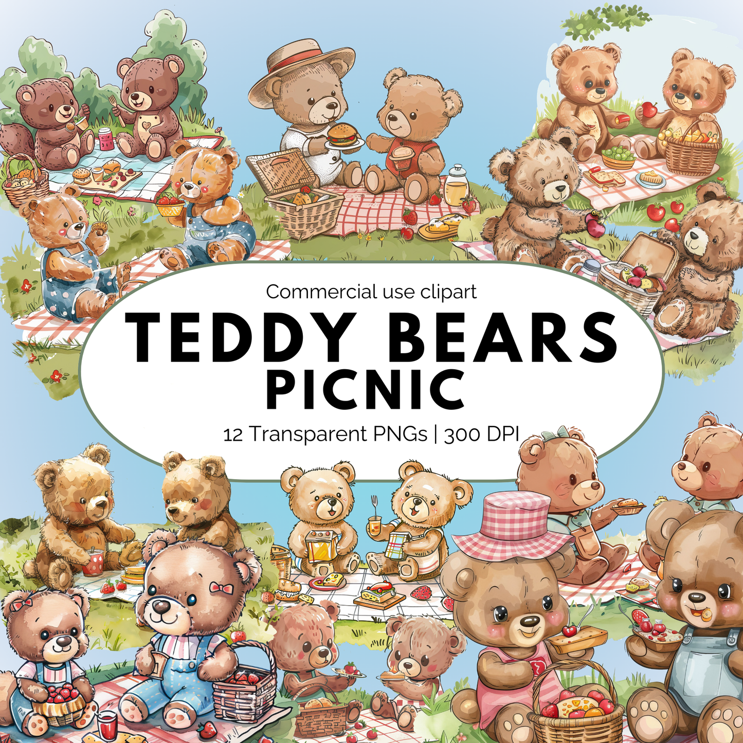 Watercolor Teddy Bears Picnic clipart