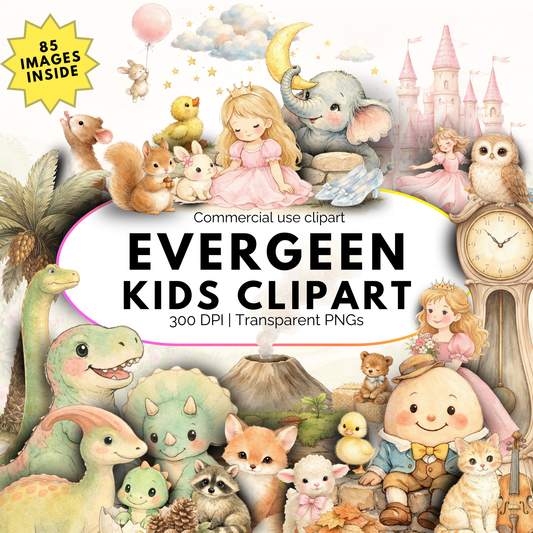Promotional image of Evergeen Kids Clipart with cartoon characters and animals.