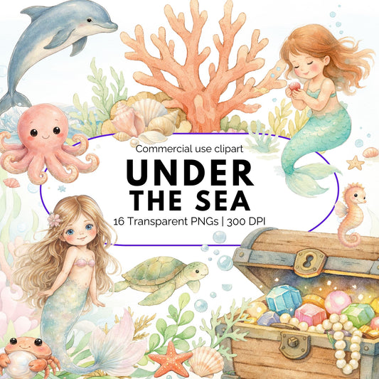 Under the Sea Clipart Bundle, Watercolor Mermaid Ocean Animals PNG for Kids Printables & Sublimation