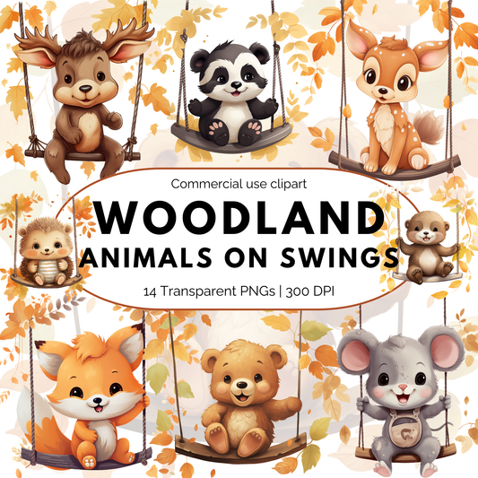 Watercolor Woodland animals on Swings Clipart