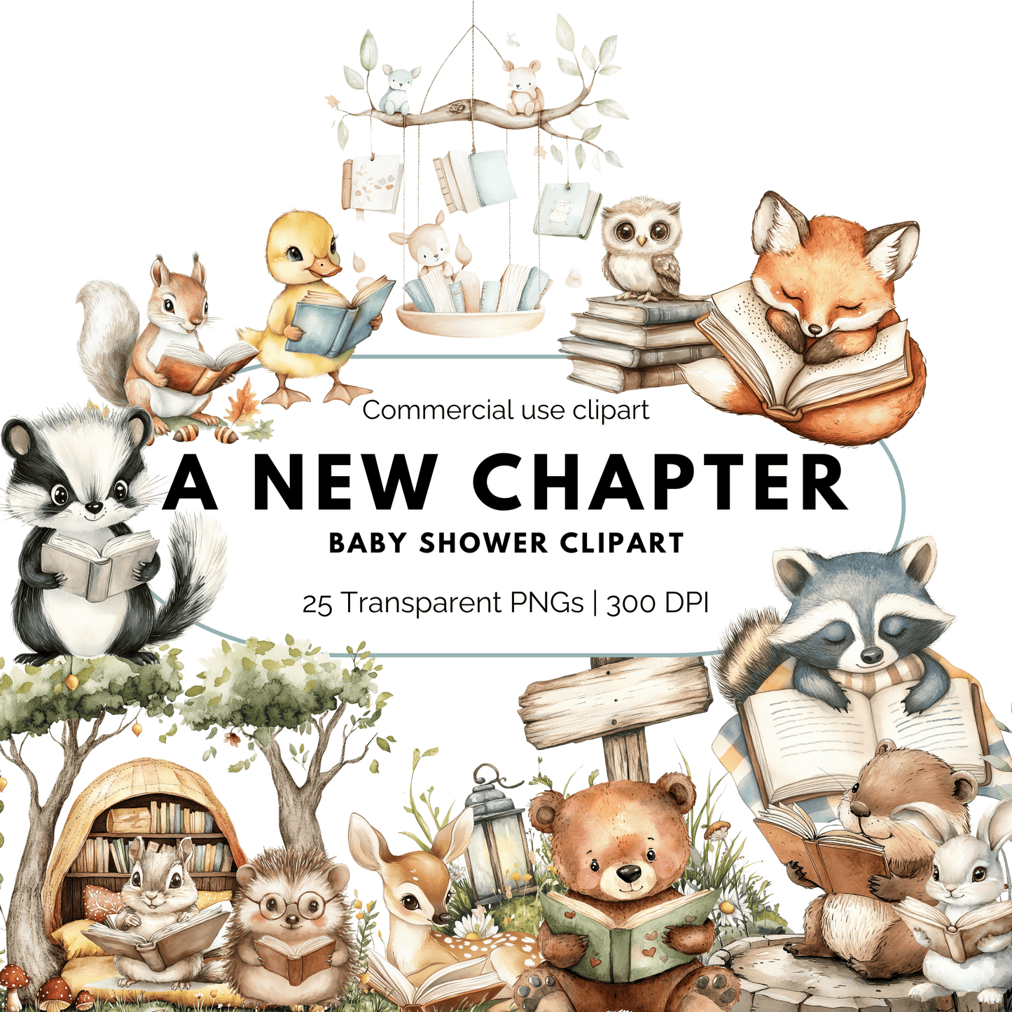 A New Chapter Baby Shower Clipart PNG | Watercolor Book Theme