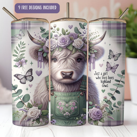 a set of three travel mugs with a picture of a cow wearing a flower