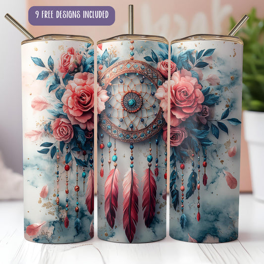 a set of three coffee mugs decorated with flowers and feathers