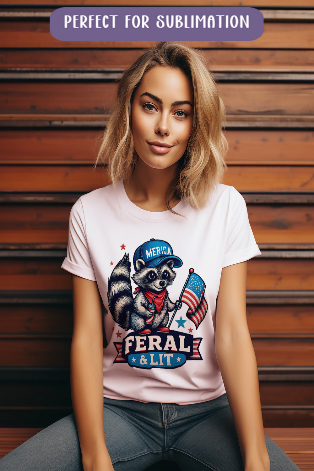 a woman wearing a t - shirt with a raccoon on it