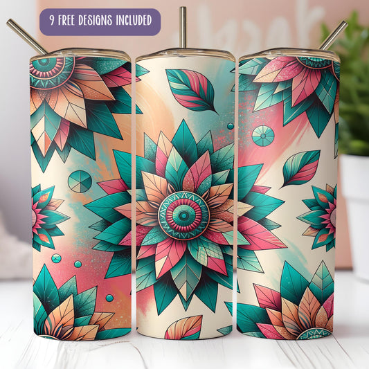 a set of three colorful floral tumblers with straw tops
