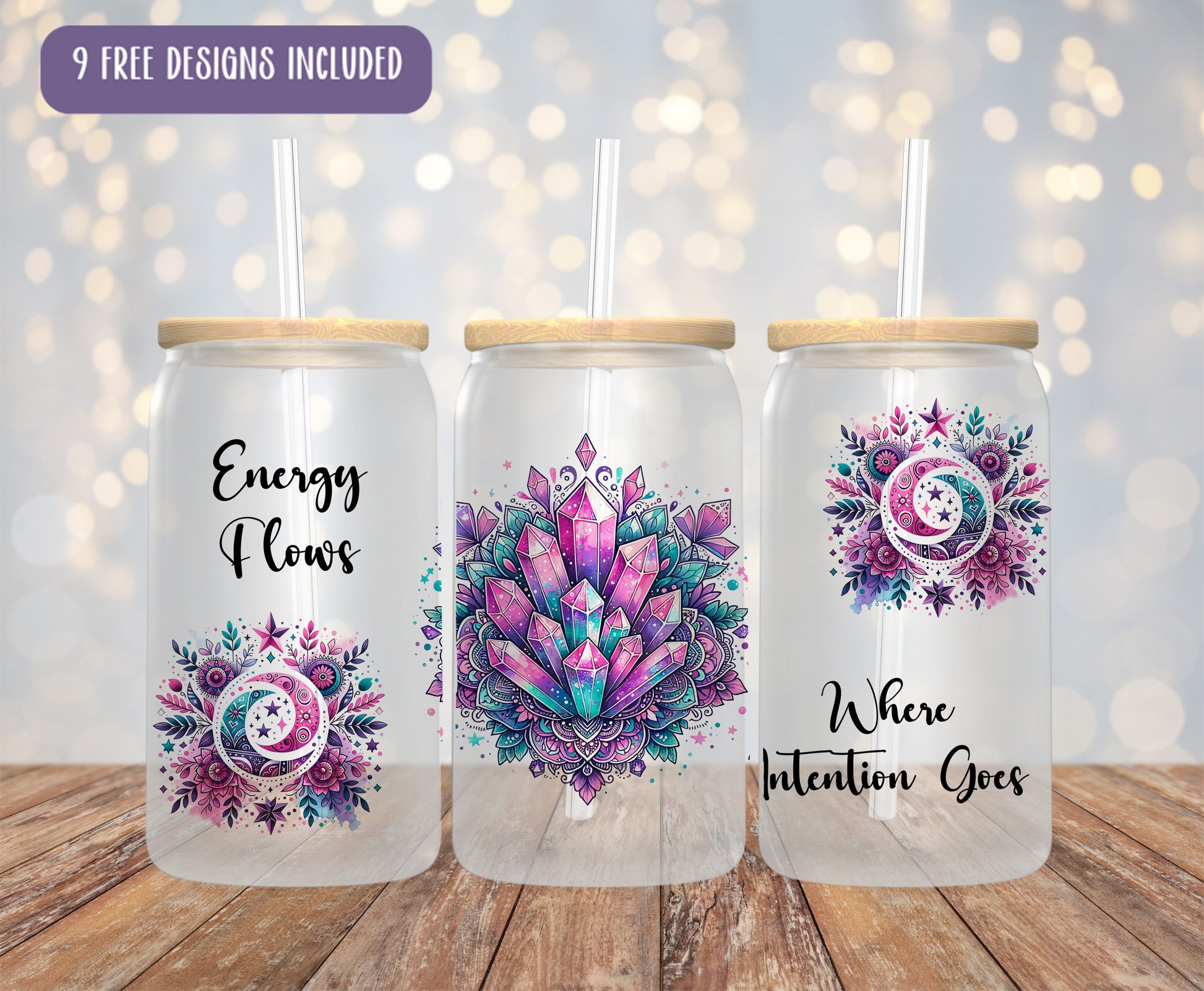 three mason jars with designs on them sitting on a table