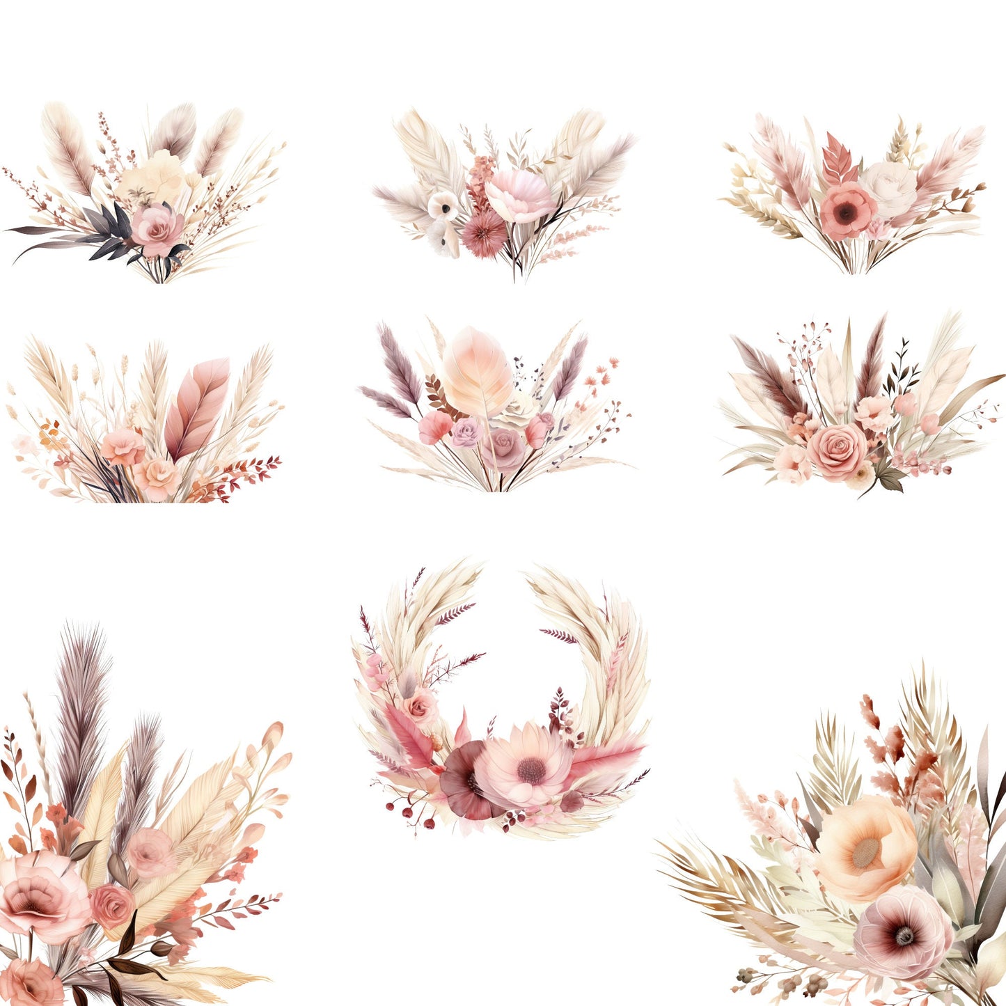 Watercolor Blush Bohemian Floral Clipart