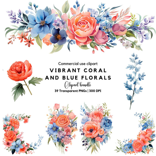 Vibrant Coral and Blue Floral Clipart