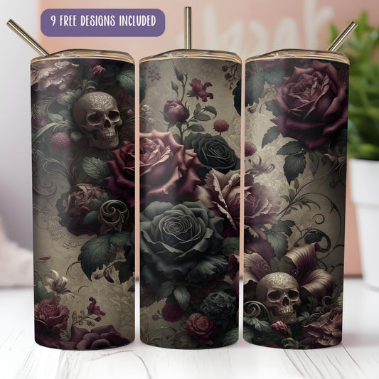 a set of three skulls and roses travel mugs