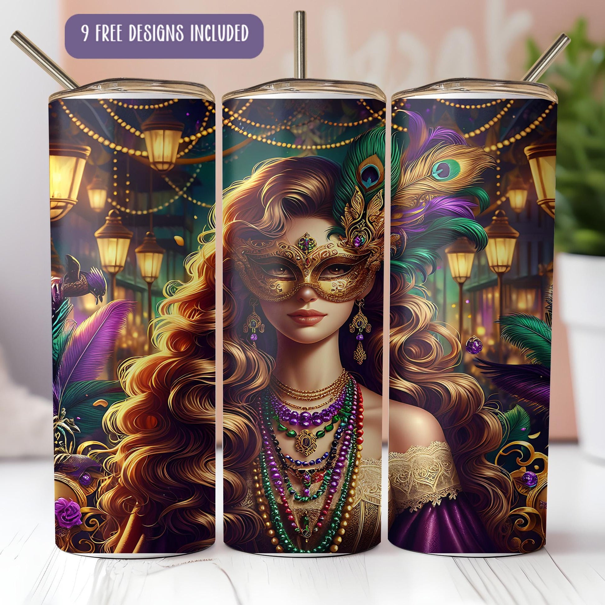 a set of three travel mugs with a woman wearing a mask