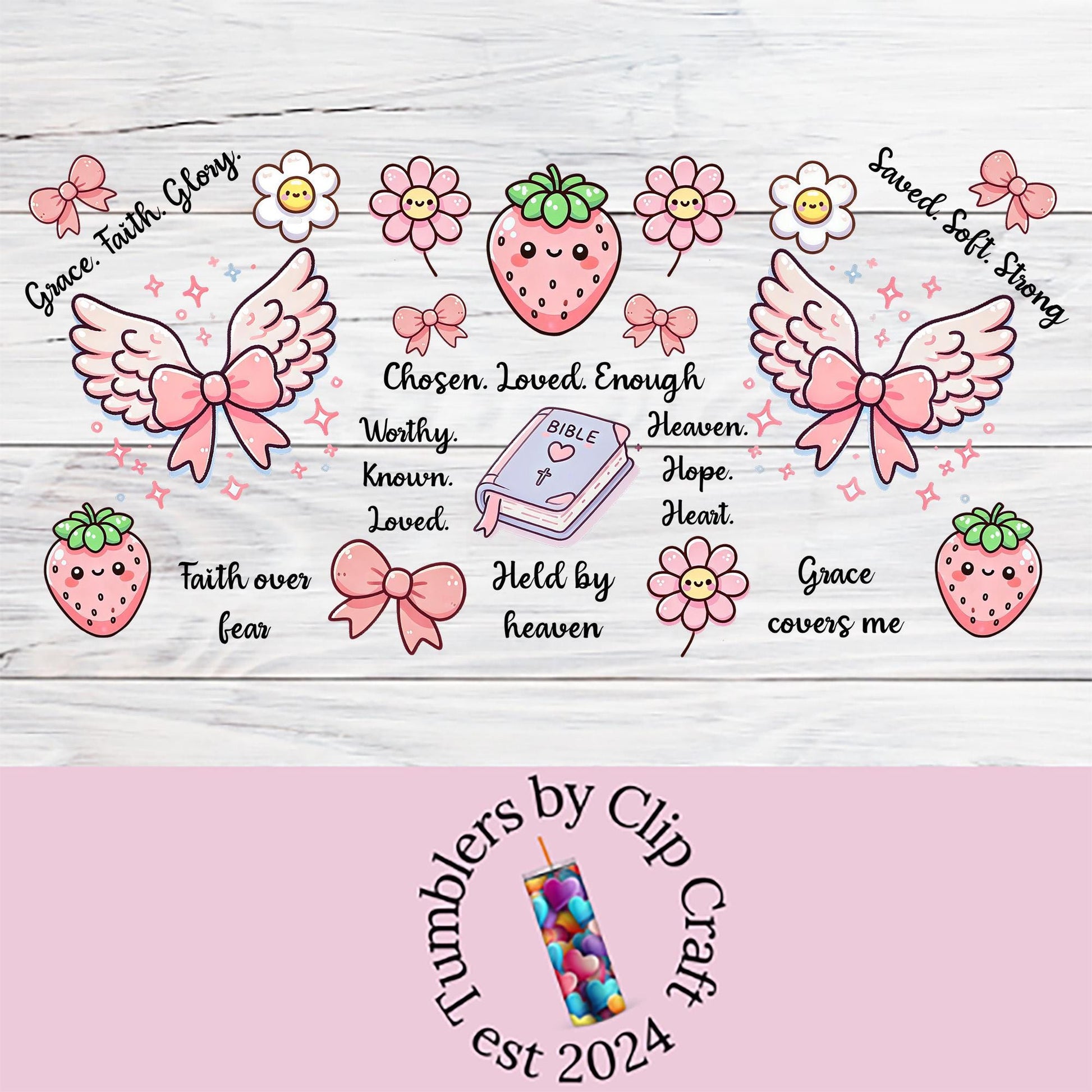 a pink and white wooden background with pink flowers and angel wings