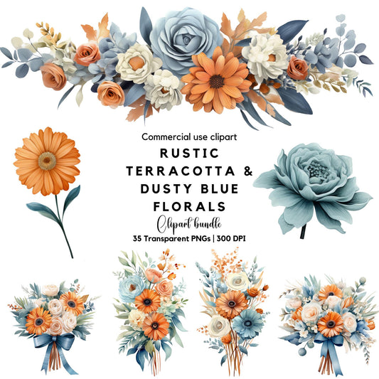 Rustic Terracotta & Dusty Blue Floral Clipart
