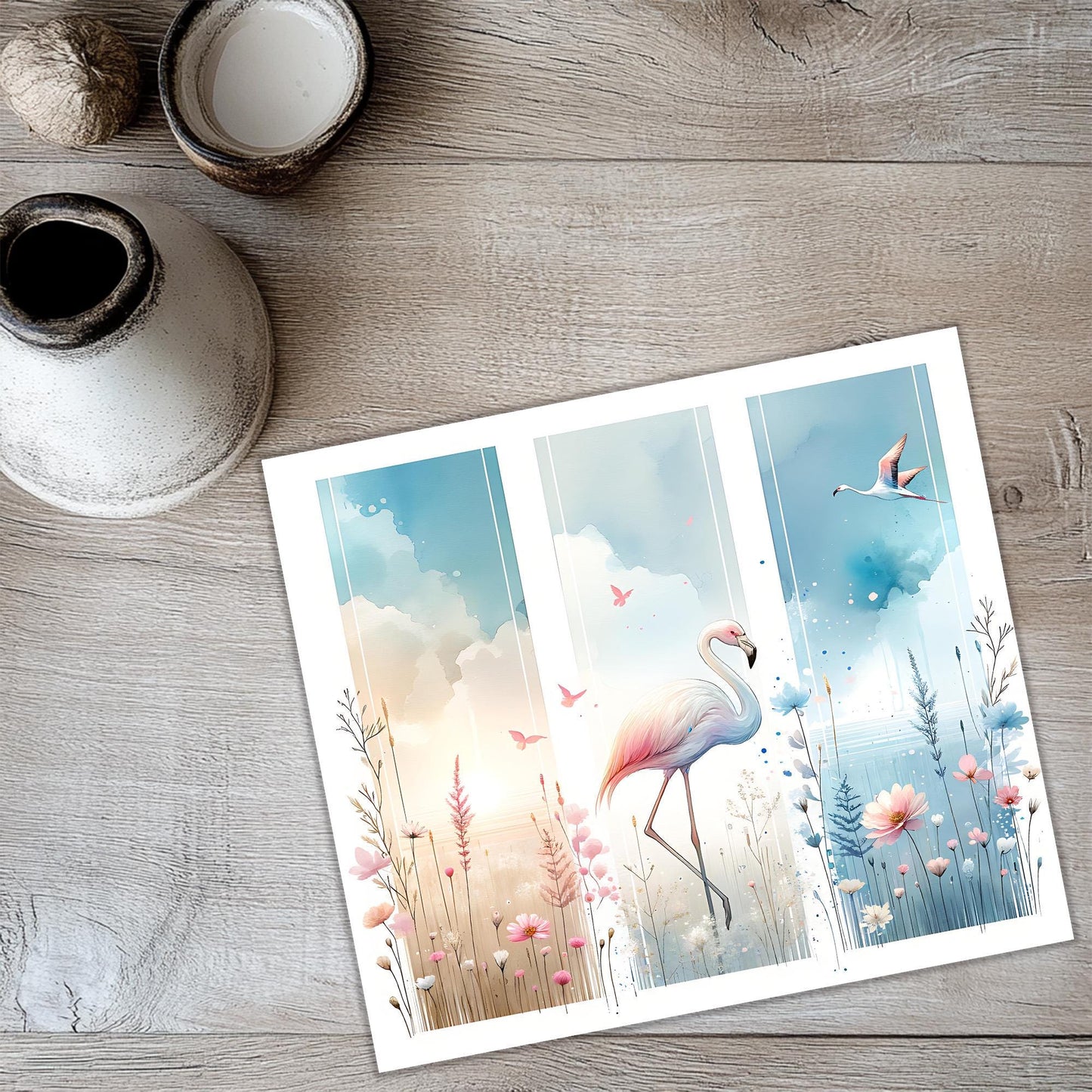 a picture of a flamingo in a field of flowers