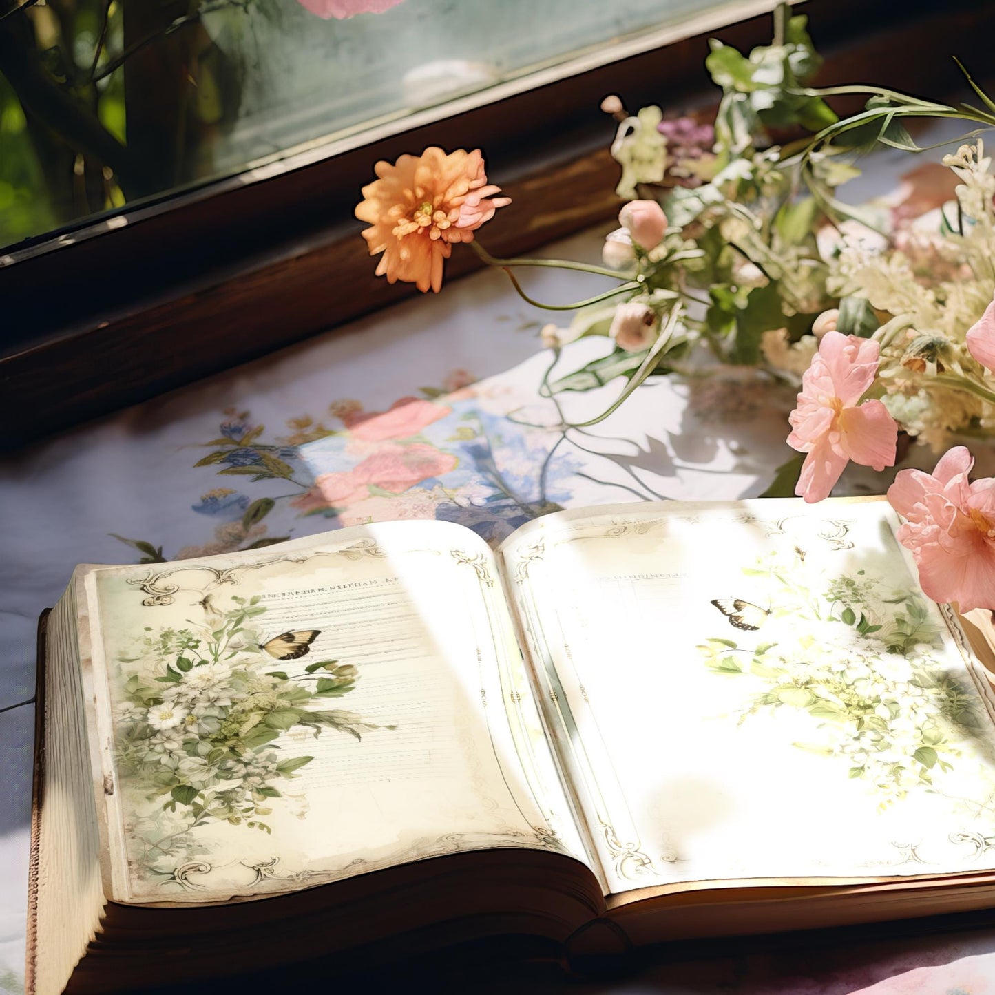 Páginas de diario basura con flores verde salvia