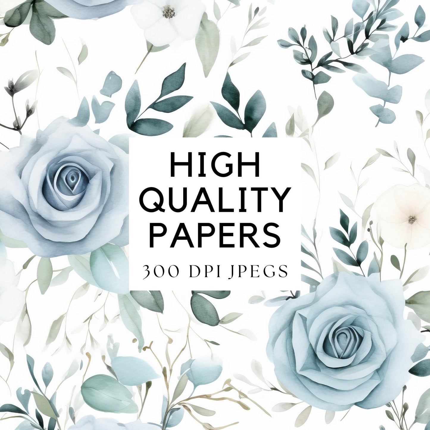 Papeles digitales florales en azul polvoriento