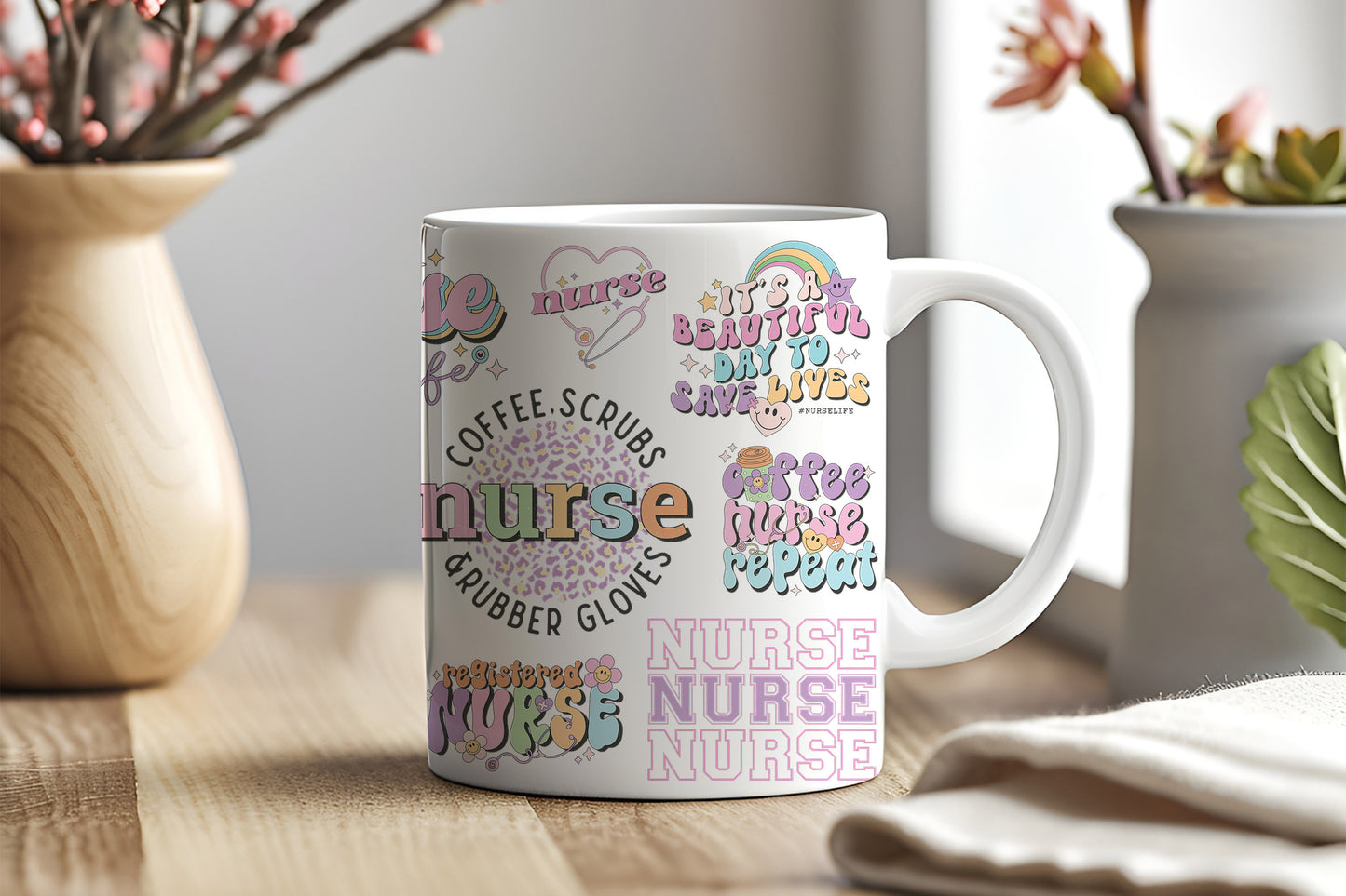 a white coffee mug with nurse words on it