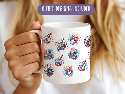 a woman holding a coffee mug with designs on it